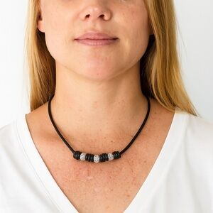 Artisan Sterling Silver Swarovski Diamond Crystal Leather Choker Necklace NEW